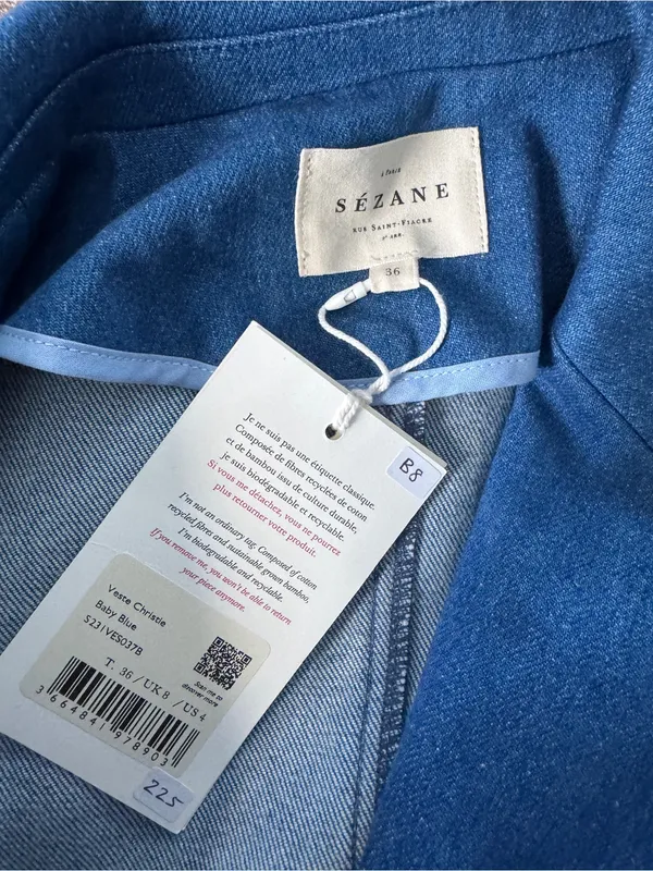 Sezane Christie Denim Blazer Baby Blue Double Breasted Jacket NWT US 4 FR 36 - Image 7
