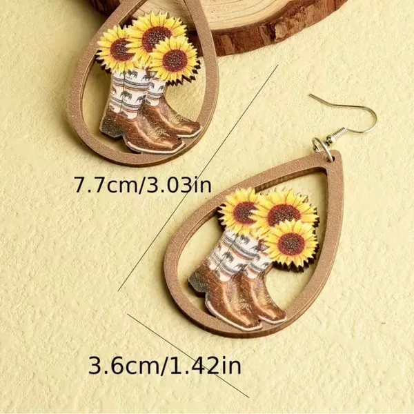 Western‎ Retro Personality Cowboy Boots Sunflower Earrings Wooden Water Drop - Image 7