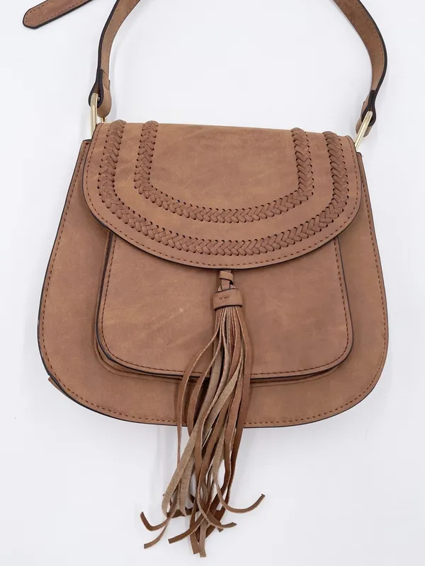Franco Sarto Tan Faux Suede Leather Crossbody Saddle Bag Purse Fringe Boho - Image 3