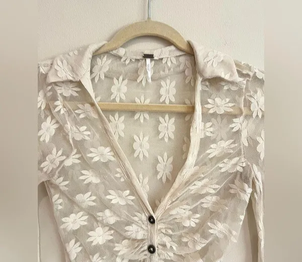 Free People Flower Fields Sheer Mesh Button-Front Shirt Cream Size XS - Image 4