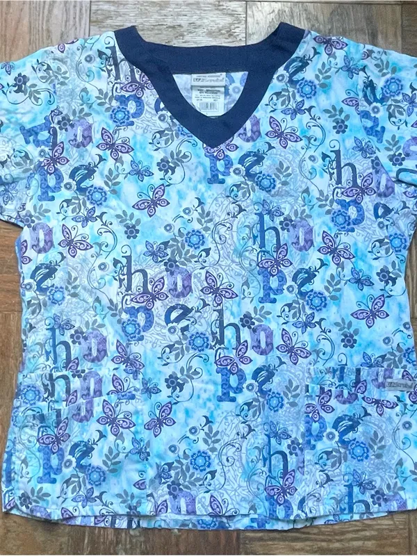 UA Scrubs Butter-Soft Blue Butterfly Hope Scrub Top L ~ Nurse Uniform - Image 5