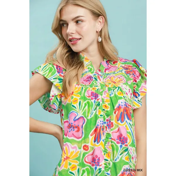 Umgee Floral Ruffle Mini Dress - Green Mix - Small - Image 6