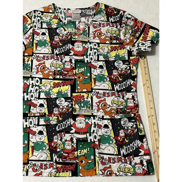 Rudolph Red Nosed Reindeer Christmas Scrub Top Comic Strip Holiday Womens XS - Image 3