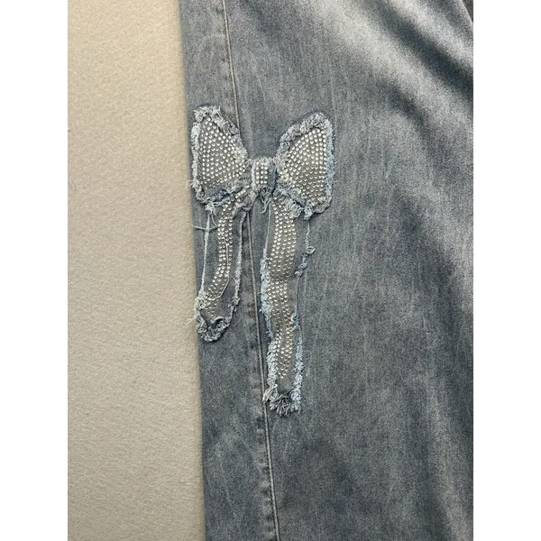 Red Bottoms Women High Waisted Relaxed Straight Rhinestone‎ Bow Jeans 16 (34x30) - Image 3