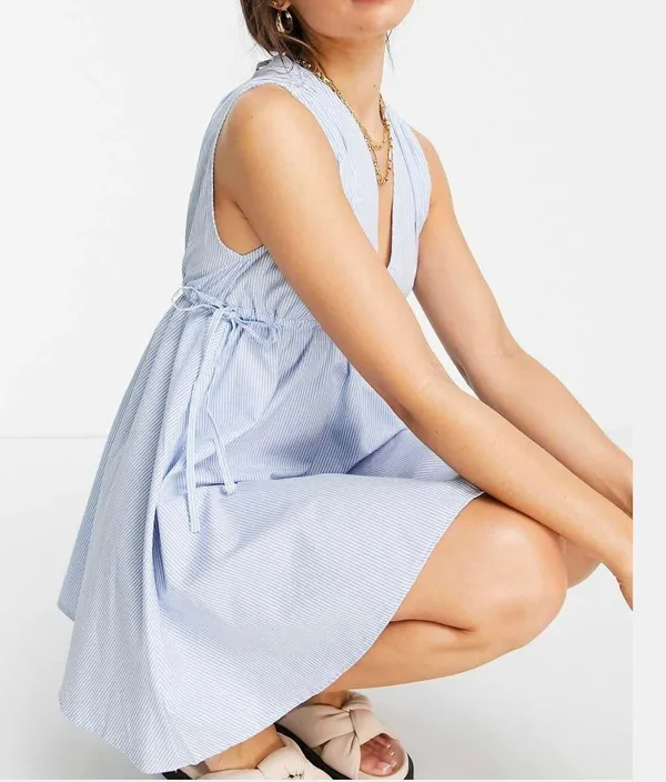 New ASOS Seersucker Plunge V-Neck Tie Waist Mini Sundress Blue White Size 4 - Image 5