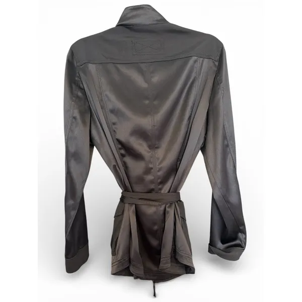 White House Black Market‎ Womens Black Satin Belted Utility Safari Jacket Zip Up - Image 4