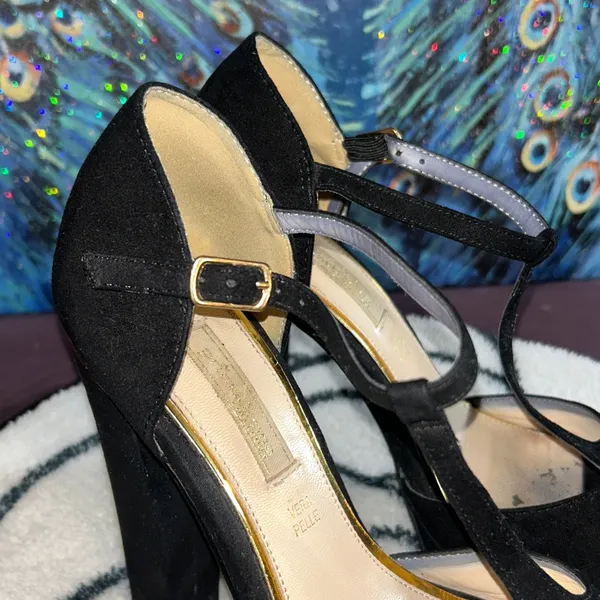 Prima Donna Size 7.5 Black Suede T Strap Platform Chunk Heels - Image 3