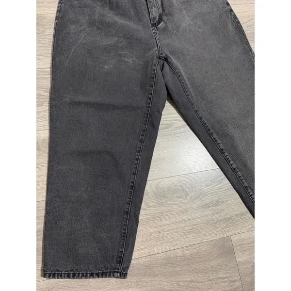 Women Washed Black High Waisted Relaxed Tapered Jeans 36x25 Green Embroidery - Image 9