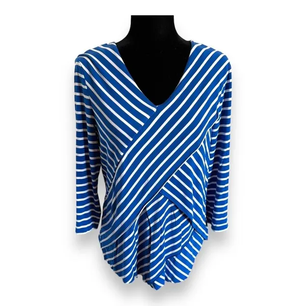 Chico's Miraculous Stripe Tiered Top Blue White‎ Asymmetrical Stripe Sz 1 M 8 - Image 9