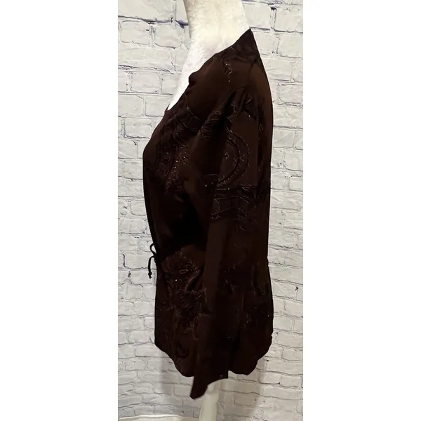 Elementz Brown Tie Waist Long Sleeve Brown Top Textured Stretch Size Large - Image 3