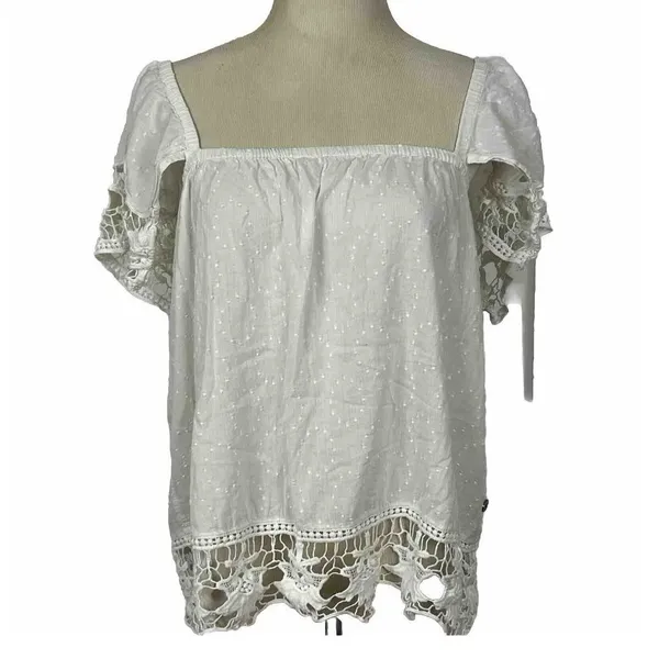 Roxy Crochet Lace Swiss Dot Top Womens Small White Off Shoulder Boho Peasant‎ - Image 2