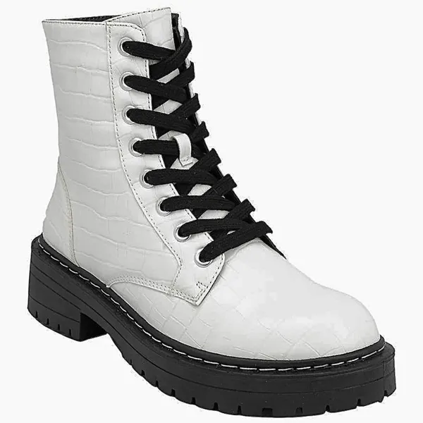 True Craft Women’s White Crocodile Faux Leather Combat Boots - Image 2