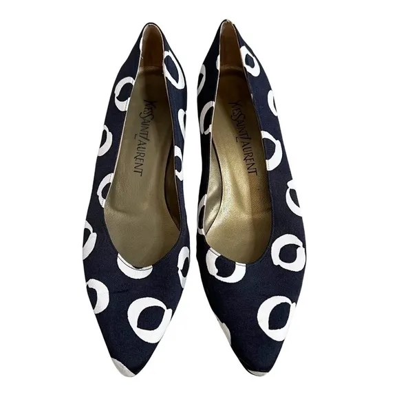 Yves Saint Laurent Circle Print Sculpted Ball Heel Pointed Toe Vintage Pump 7.5 - Image 2