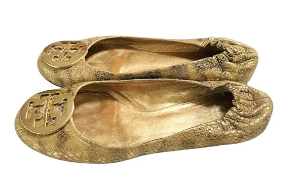 Tory Burch REVA GOLDEN SNAKESKIN MEDALION BALLET FLATS Size 8.5M VGC - Image 9