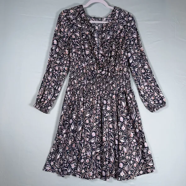 J Crew Dress Size-M Women Mini Dress Navy‎ Purple Smocked Waist Floral Fields - Image 2