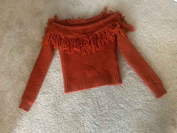 Tularosa Burnt Orange Off The Shoulder Fringe Sweater - Image 3