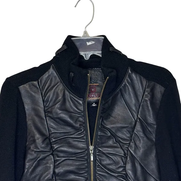 XCVI Women's Jacket Genuine Leather Angora Wool Blend Ruched Moto Black  Medium‎ - Image 2