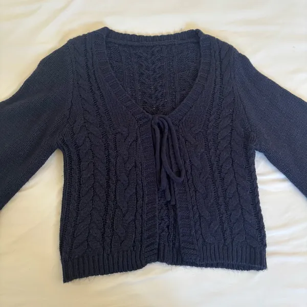 Navy Knit Bow Front Tie Cardigan - Image 2