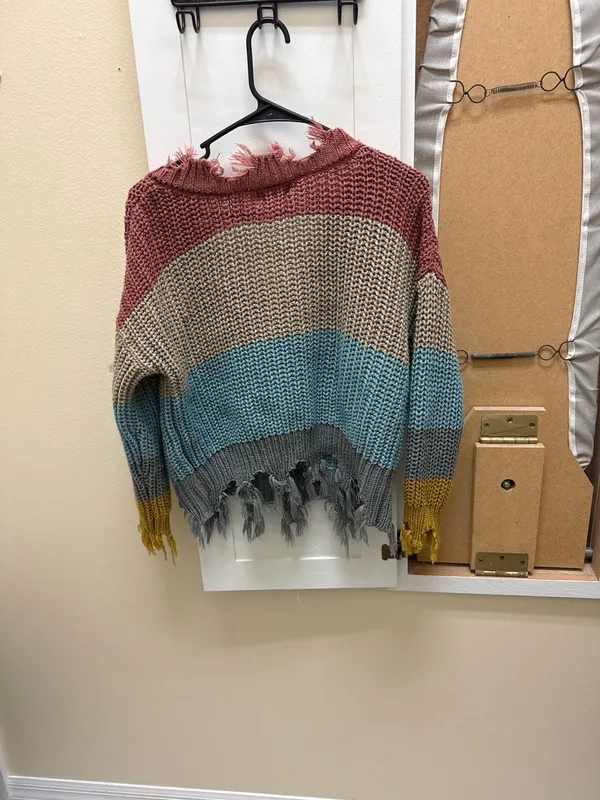 Poof Apparel Distressed Striped Chunky Knit V-Neck Sweater Size S - Image 3