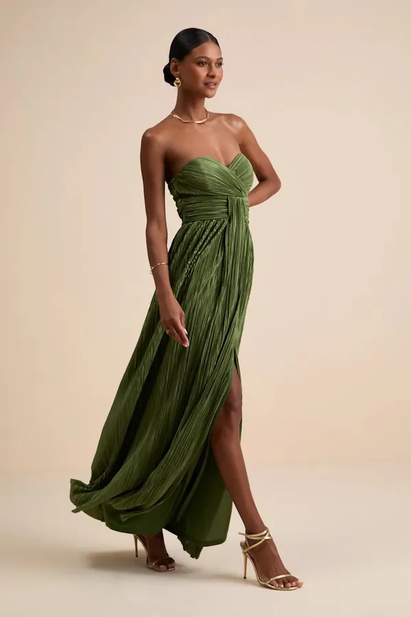 Oswin Olive Green Satin Plisse Strapless Maxi Dress - Image 4