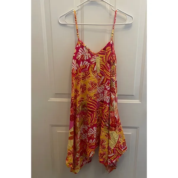 Paradise USA Tropical Leaf Sharkbite Hem Sundress Pink Orange Yellow Small‎ - Image 4