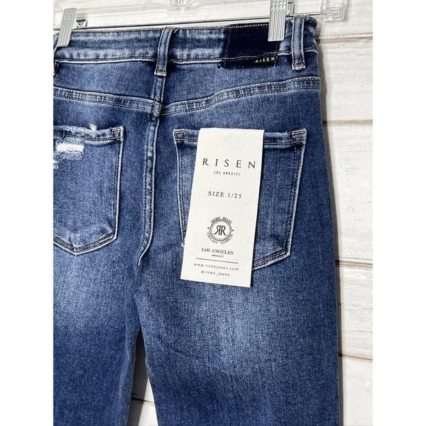 RISEN Cuffed Jeans Dark Wash Blue Straight Leg Stretch Denim Size 1 / 25 - Image 4