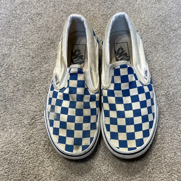 Vans Blue White Checkered Print Slip On Sneakers Size 6.5 - Image 2