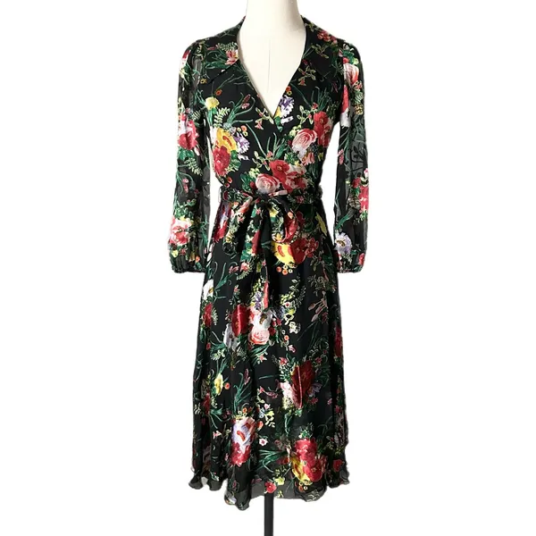 Alice + Olivia Abney Midi Wrap Dress Viscose Silk Black Floral Burnout Size 0 - Image 2