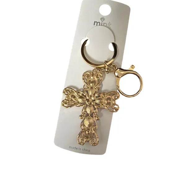 Mint Gold Filigree Purple Rhinestone Cross Bag Tag Key Ring - Image 4