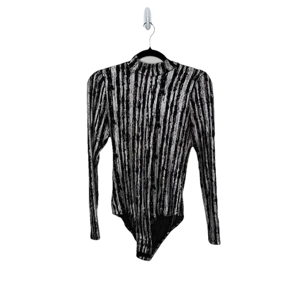 Luxxel Black Silver Metallic Knit Mock Neck Bell Sleeve Bodysuit Size Medium - Image 2