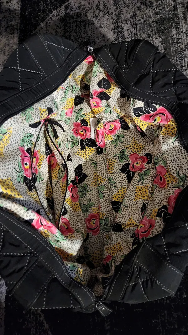 Vera Bradley black diagonal stitch zippered weekend/overnight bag with side, front, and inside pockets. 18.5" x 11.5" x 6.75" - Image 3