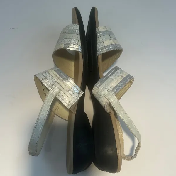 Munro American Womens 8.5 Silver‎ Snakeskin Metallic Slingback Low Wedge Sandals - Image 4