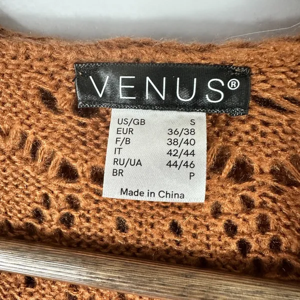 Venus Crochet Knit Sweater‎ Womens Small Brown Hooded Fringe Cropped Boho Indie - Image 2
