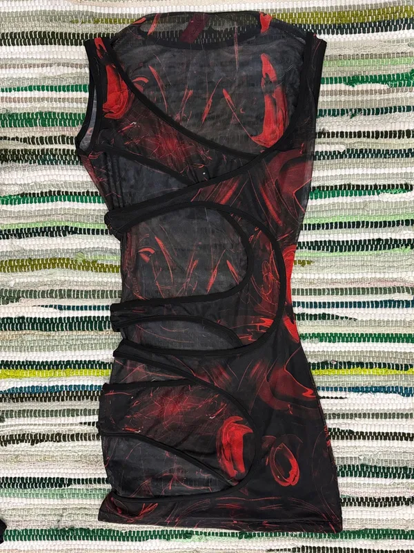 Sleeveless Black & Red Sheer Panel Bodycon Dress - Image 6