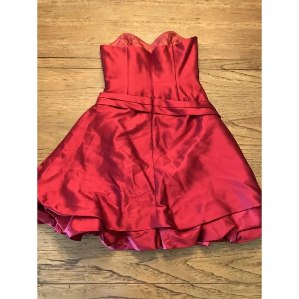 Women's Red Satin Strapless Sweetheart Pleated Mini Zip Dress w/ Bolero S - Image 2
