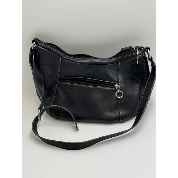 Genuine Leather Black Hobo Shoulder Bag White Stitching Crossbody Strap - Image 2