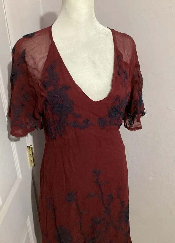 Anthropologie Maeve Francoise Red Floral Embroidered Midi Dress V-Neck 2 - Image 3