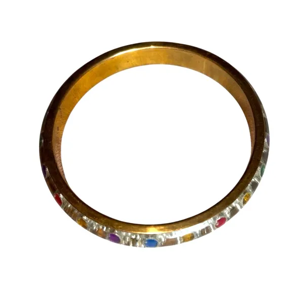 Vintage 1950s Lucite Confetti Bangle Bracelet Multicolor Rhinestone Brass Cuff - Image 6