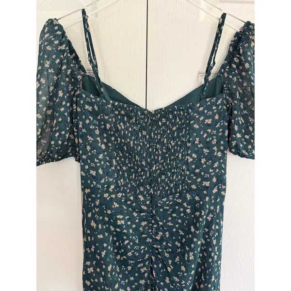WAYF Nyla Floral Ruched Midi Dress Pine Green Ditsy Floral Puff Sleeve Romantic - Image 7