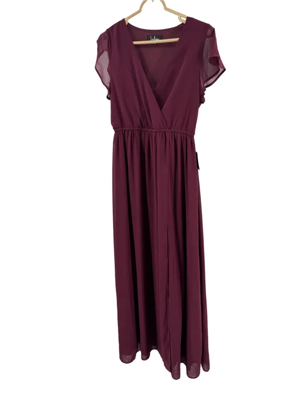Lulus Lost in the Moment Burgundy Maxi Dress side slit S flutter sleeve bridesmaid - Image 2
