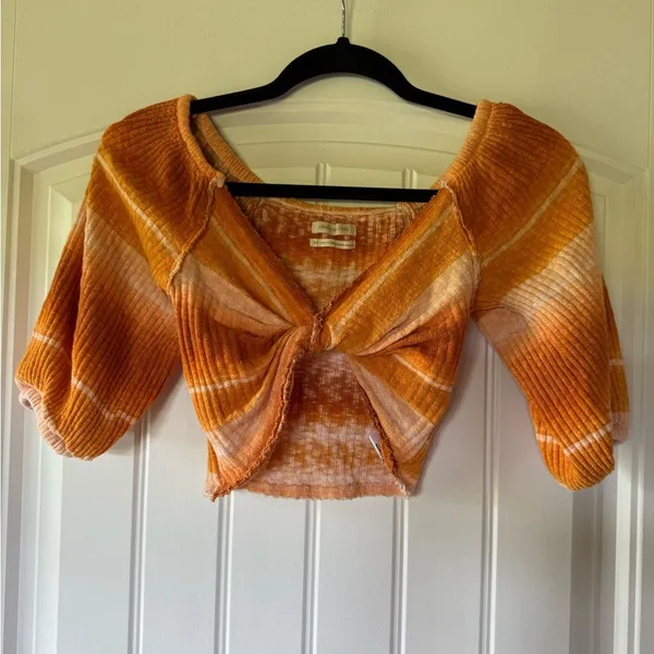 Urban‎ Outfitters Orange Ombre Striped Twist Front Crop Top Puff Sleeve Small - Image 4