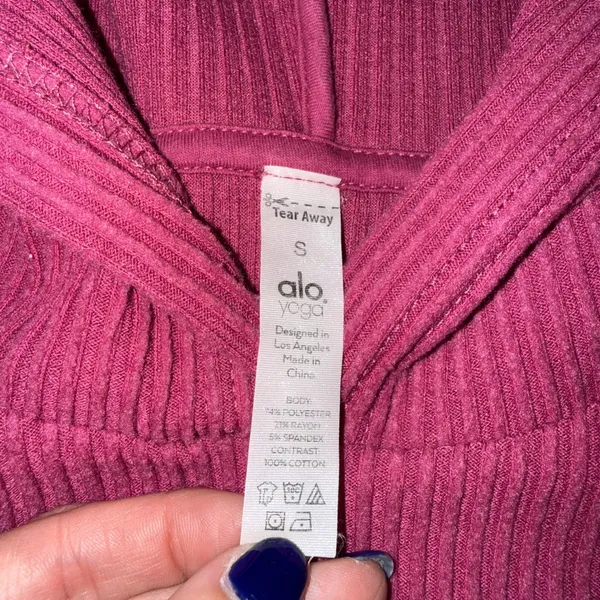 Alo Yoga Muse Ribbed Cropped Hoodie Women S Pink Magenta Excellent Ribbed Knit - Image 3