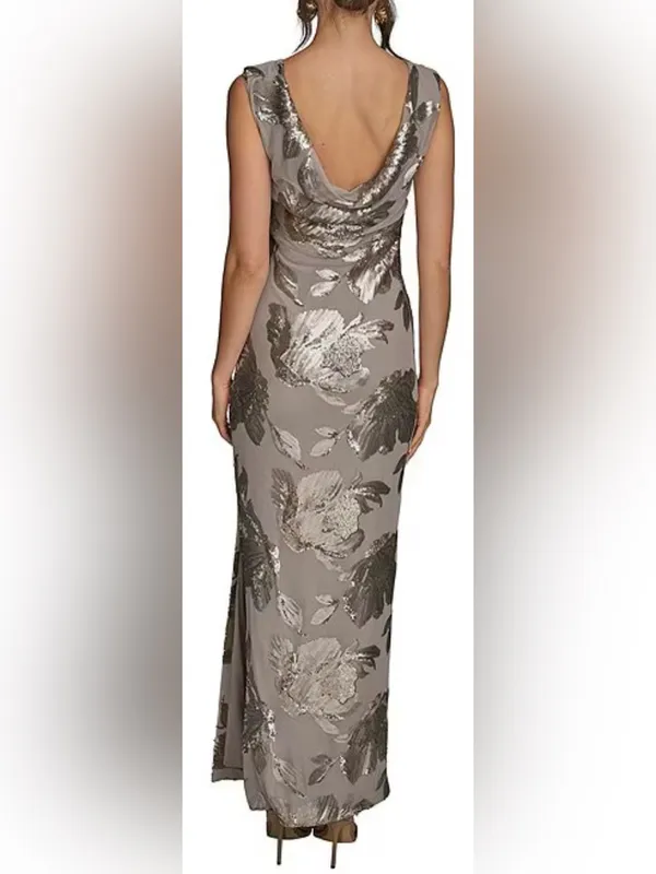 NEW Donna Karan Sequin Floral Sleeveless Dark Clay Gown Sz 10 - Image 2
