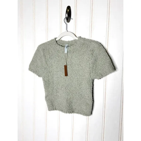 SKIMS Cozy Knit T-Shirt Aqua Sage Green Fuzzy Cropped Top L/XL NEW - Image 2