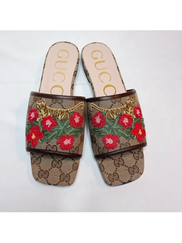 GUCCI Jolie GG logo supermen floral tiger embroidered leather slides sandals - Image 2