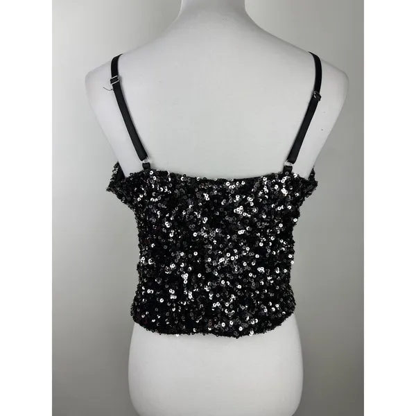 Sequin Corset Bustier Top Underwire Adjustable Straps Black Silver M Size M - Image 3