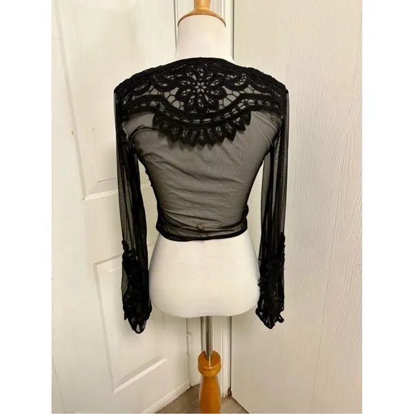 Akira Black Lace Up Sheer Bell Sleeve Gothic Boho Crop Top L5 - Image 4