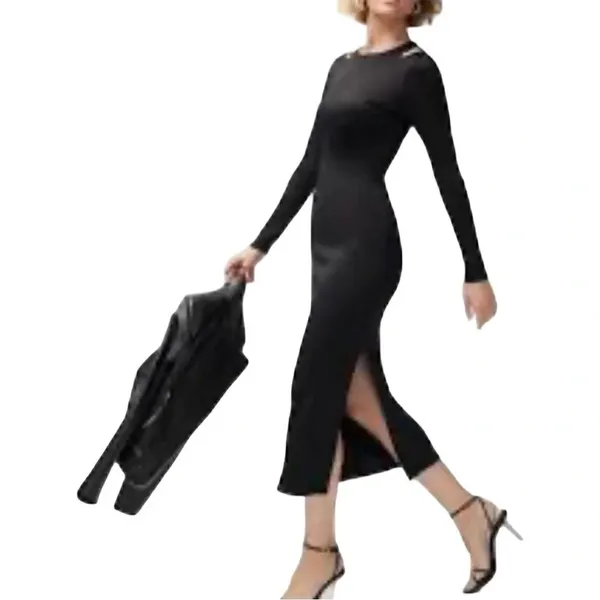 WHBM FORME Black Rib Midi Bodycon Cutout Cocktail Dress sz LRG LBD nwot - Image 2