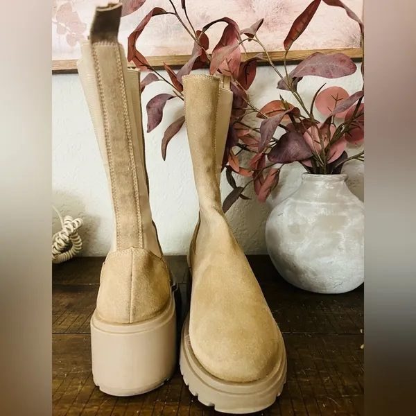 Steve Madden Hesitant Sand Suede Block Heel Pull On Mid Calf Fashion Boots Sz8 - Image 7