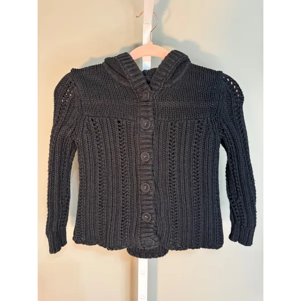 American Eagle Hooded Chunky Knit Cardigan‎ Sweater Black SP Petite 90's - Image 2